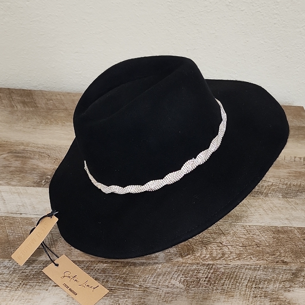 Steve Madden Black Wide-Brim Hat With Rhinestone Belt Accent - Picture 8 of 10